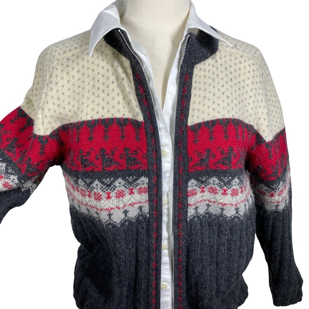111 State Fair Isle Cardigan Wool Angora Zip Sweater Grey Red Ivory Oversized Sm